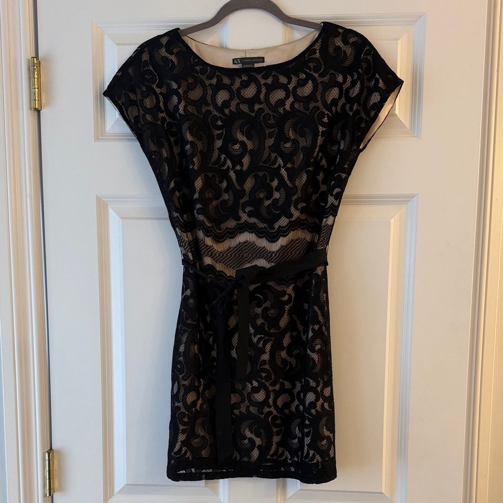 Armani Exchange Black Lace Mini Dress with Nude Lining